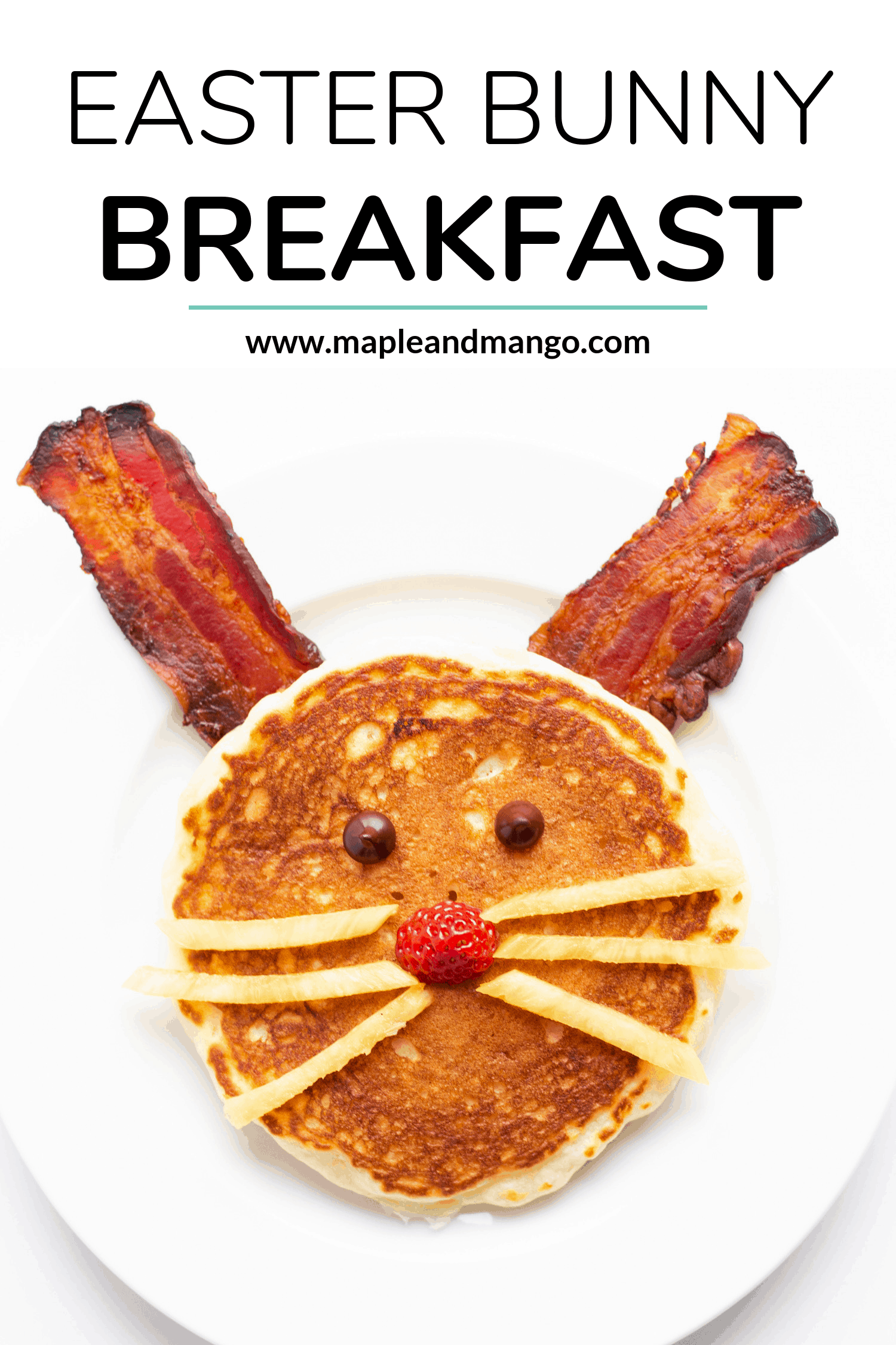 Bacon and pancake shaped to look like an Easter Bunny on a white plate