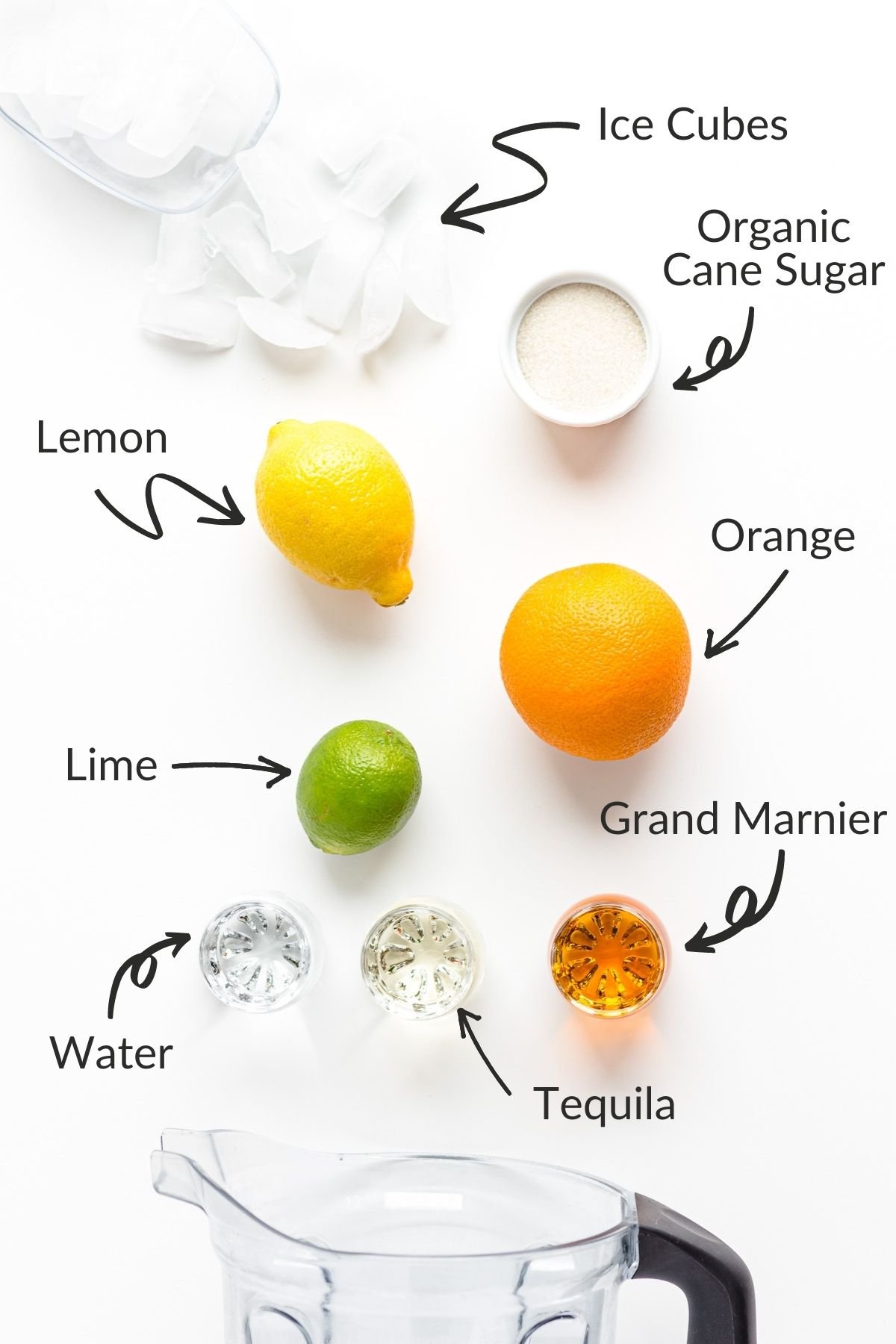 Labelled graphic showing ingredients needed for blender citrus margaritas.