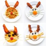 Photo collage showing a variety of Easter Bunny breakfast ideas including a bunny pancake and a few versions of bacon and egg bunnies.