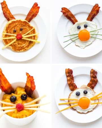 Photo collage showing a variety of Easter Bunny breakfast ideas including a bunny pancake and a few versions of bacon and egg bunnies.