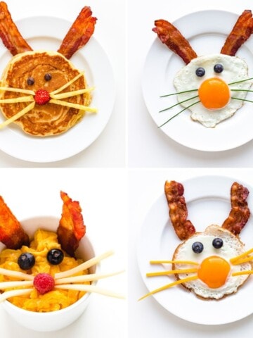 Photo collage showing a variety of Easter Bunny breakfast ideas including a bunny pancake and a few versions of bacon and egg bunnies.