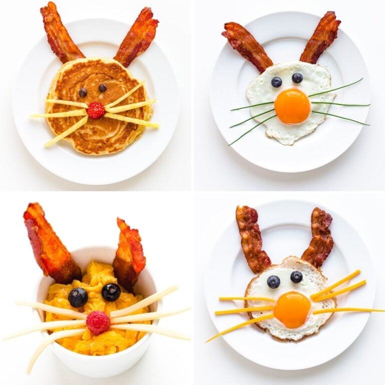 Photo collage showing a variety of Easter Bunny breakfast ideas including a bunny pancake and a few versions of bacon and egg bunnies.