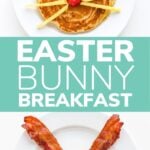 Collage graphic showing a bunny pancake and bunny fried egg with text overlay "Easter Bunny Breakfast".