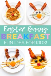 Photo collage of Easter bunny shaped breakfasts with text overlay that reads "Easter Bunny Breakfast - Fun Idea For Kids!".