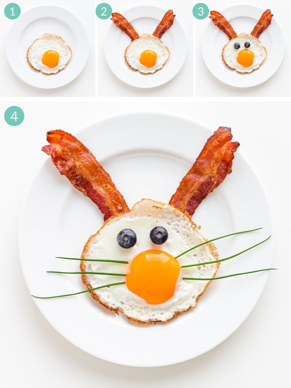 Step by step photo collage showing how to assemble an Easter Bunny fried egg with bacon ears.