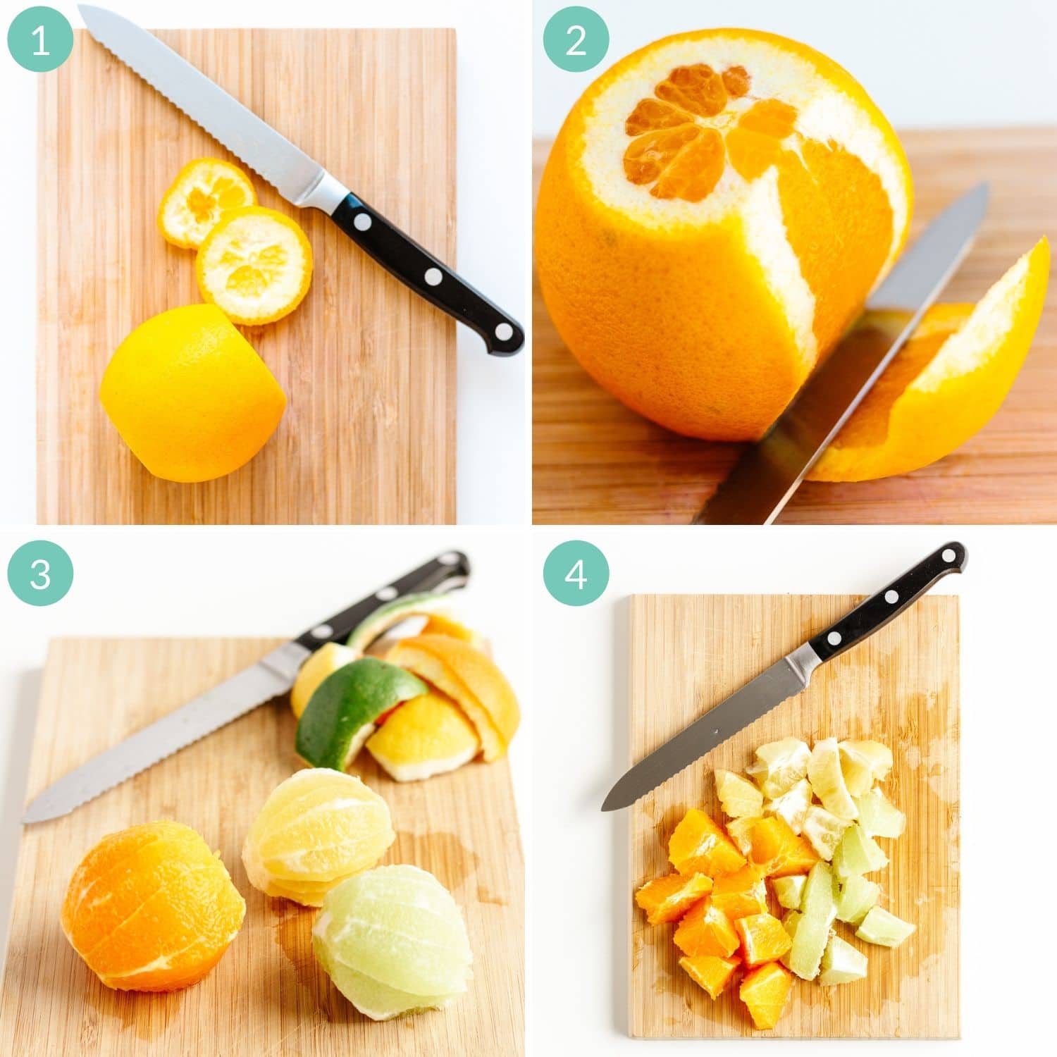 Step by step photo collage showing how to de-pith citrus.