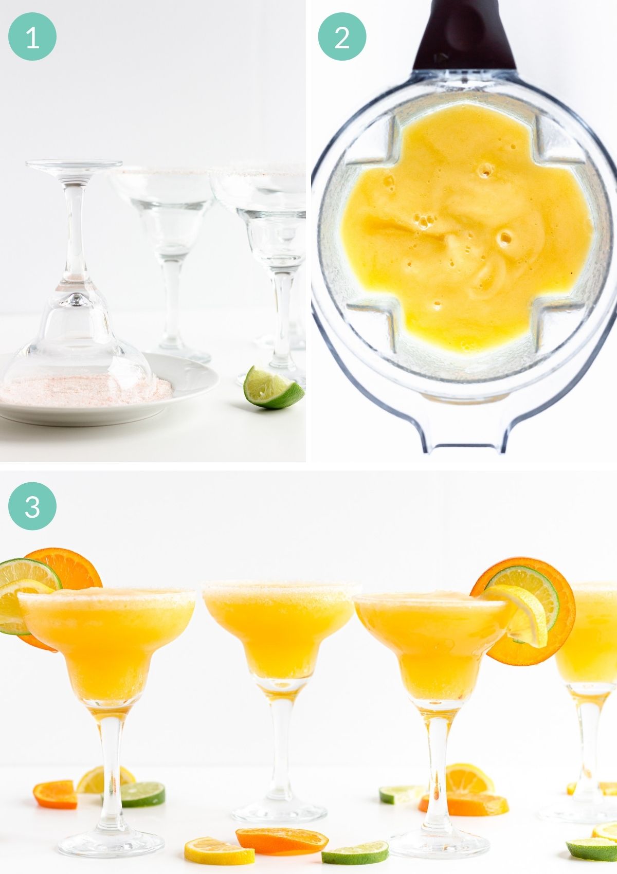 Step by step photo collage showing how to make orange lemon lime blender margaritas.