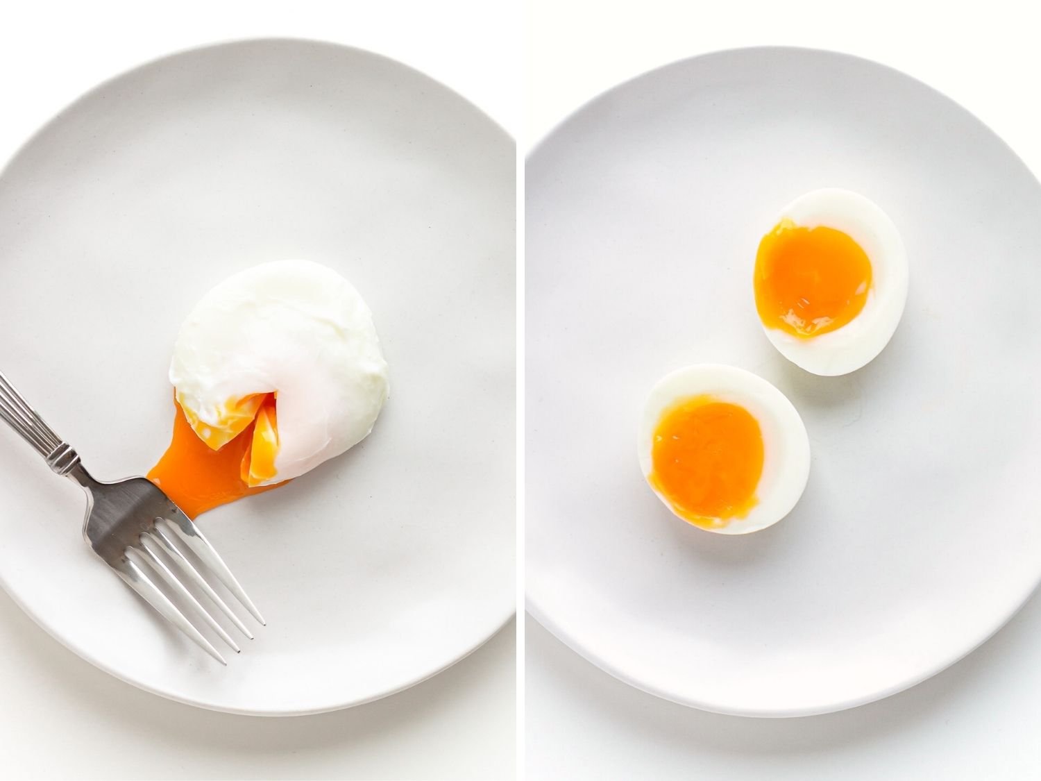 Photo collage of two photos: poached egg on a white plate and soft boiled egg cut in half on a white plate.