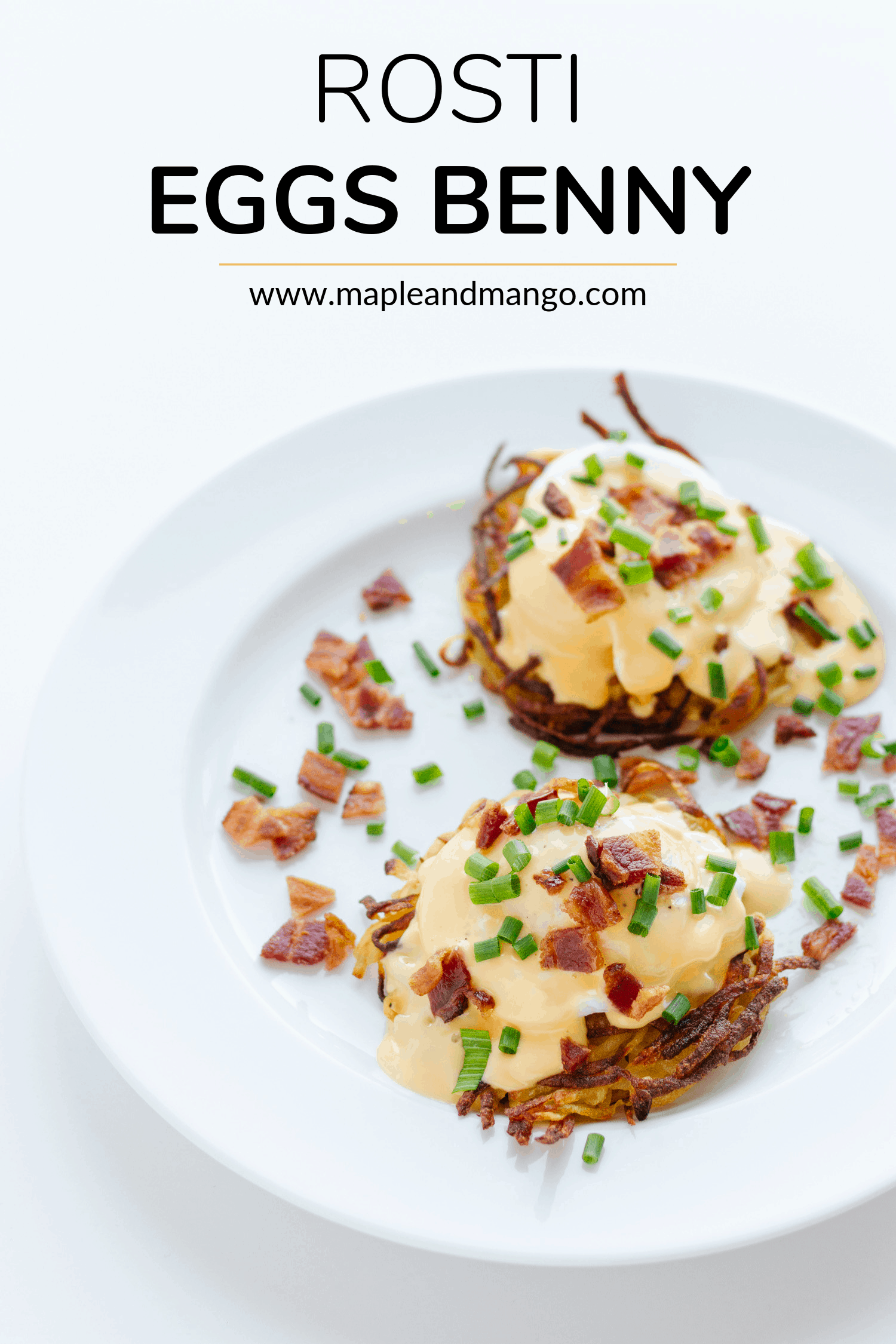 Pinterest image of two rosti eggs benny on a white plate with title text