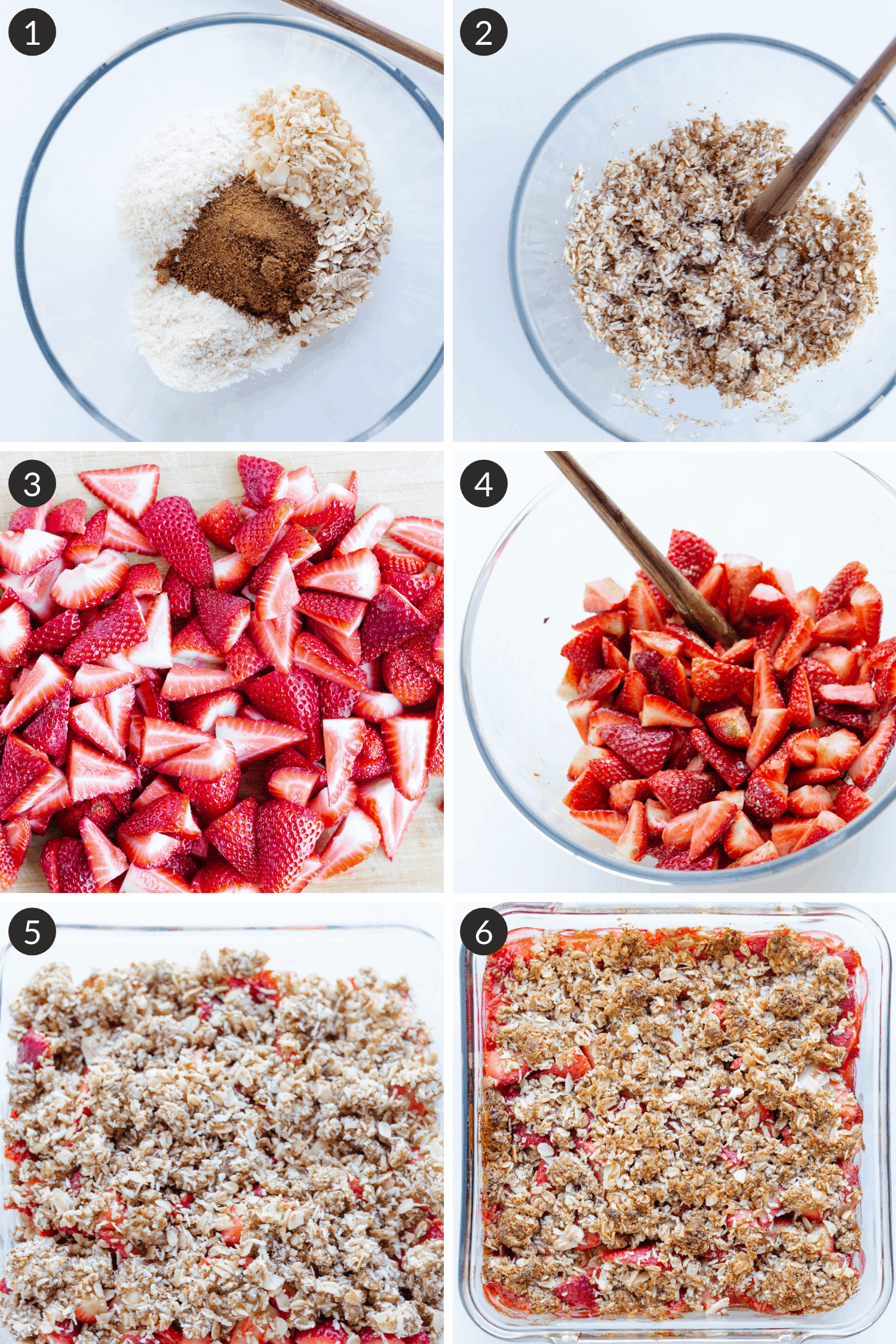 Process collage of steps to make strawberry coconut crisp recipe