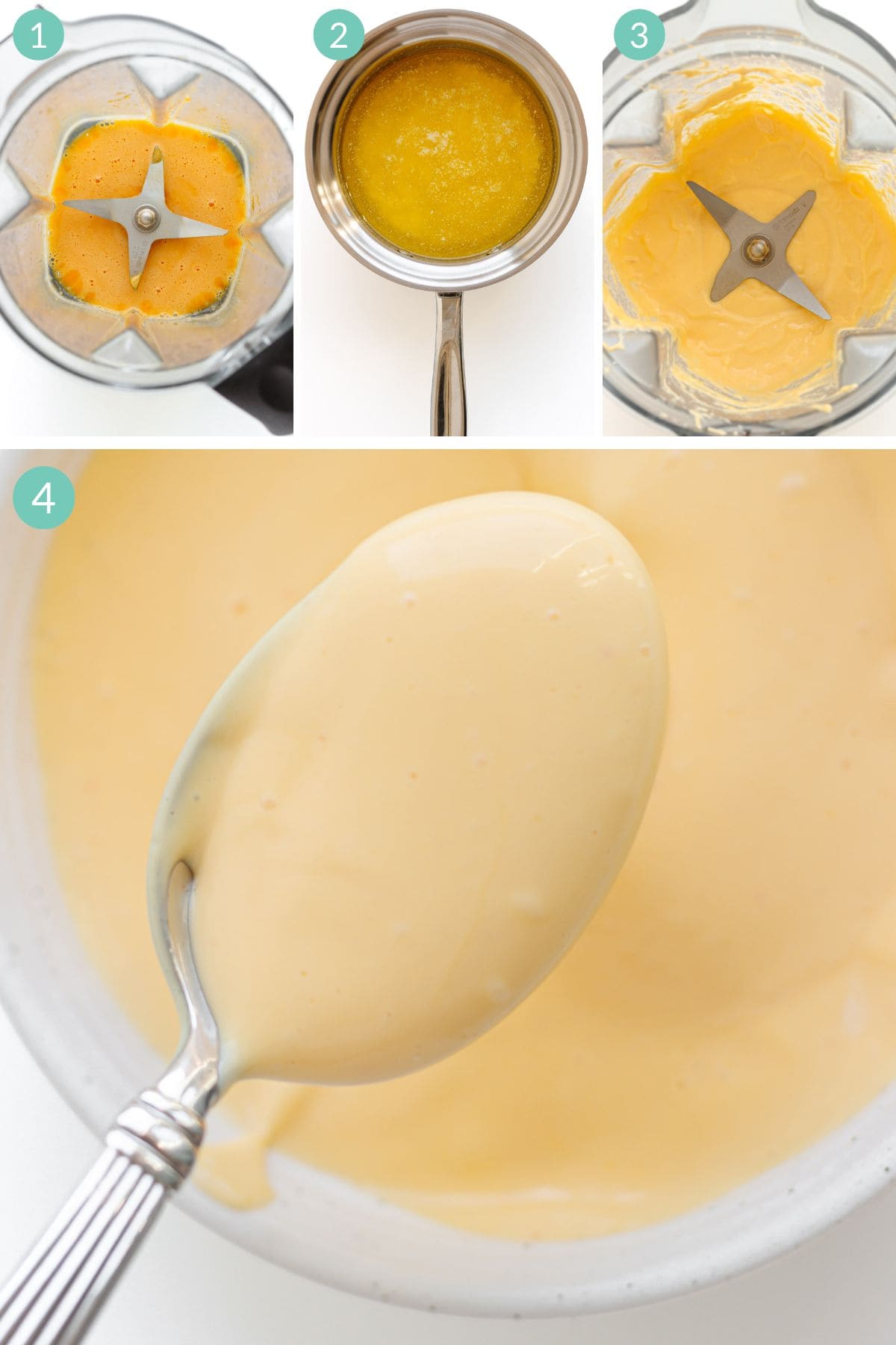 Numbered photo collage showing how to make blender hollandaise sauce.