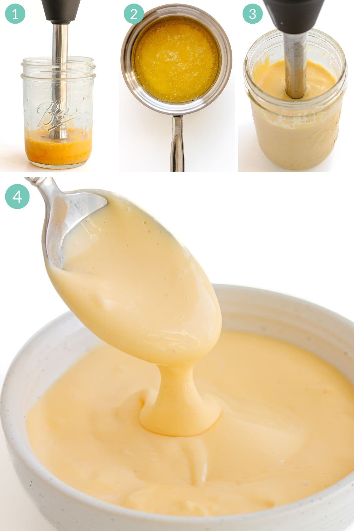Numbered photo collage showing how to make immersion blender hollandaise sauce.