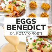 Pinterest collage graphic for Eggs Benedict On Potato Rosti recipe.