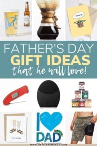 Photo collage with a variety of gifts and text overlay "Father's Day Gift Ideas That He Will Love!".