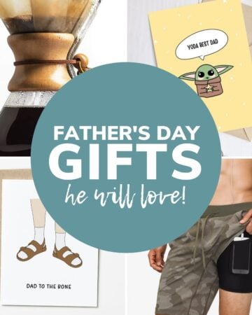 Collage of Father's Day gift ideas with round text overlay "Father's Day Gifts He Will Love!".