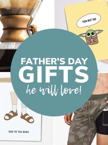 Collage of Father's Day gift ideas with round text overlay "Father's Day Gifts He Will Love!".