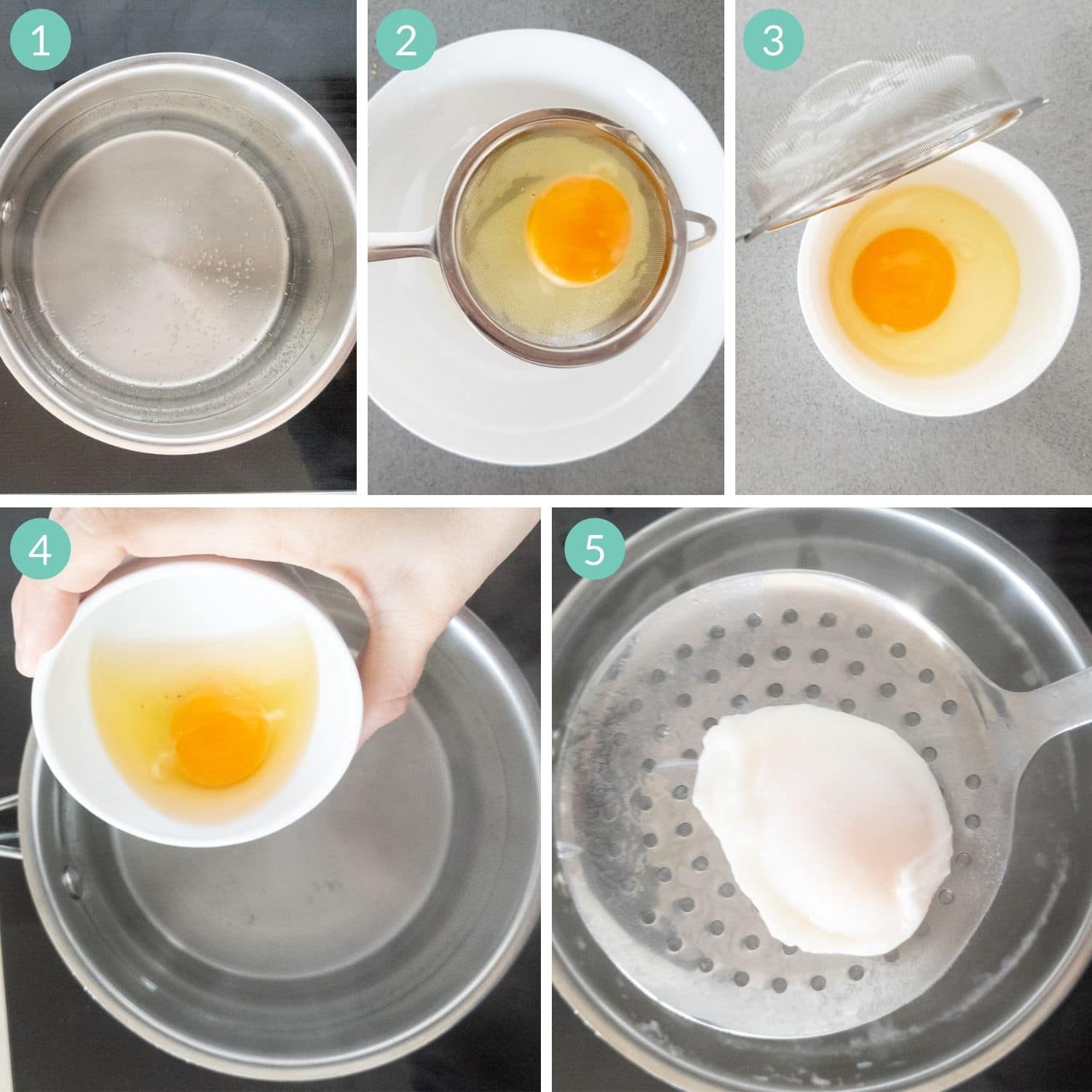 Numbered photo collage showing step-by-step how to make poached eggs.