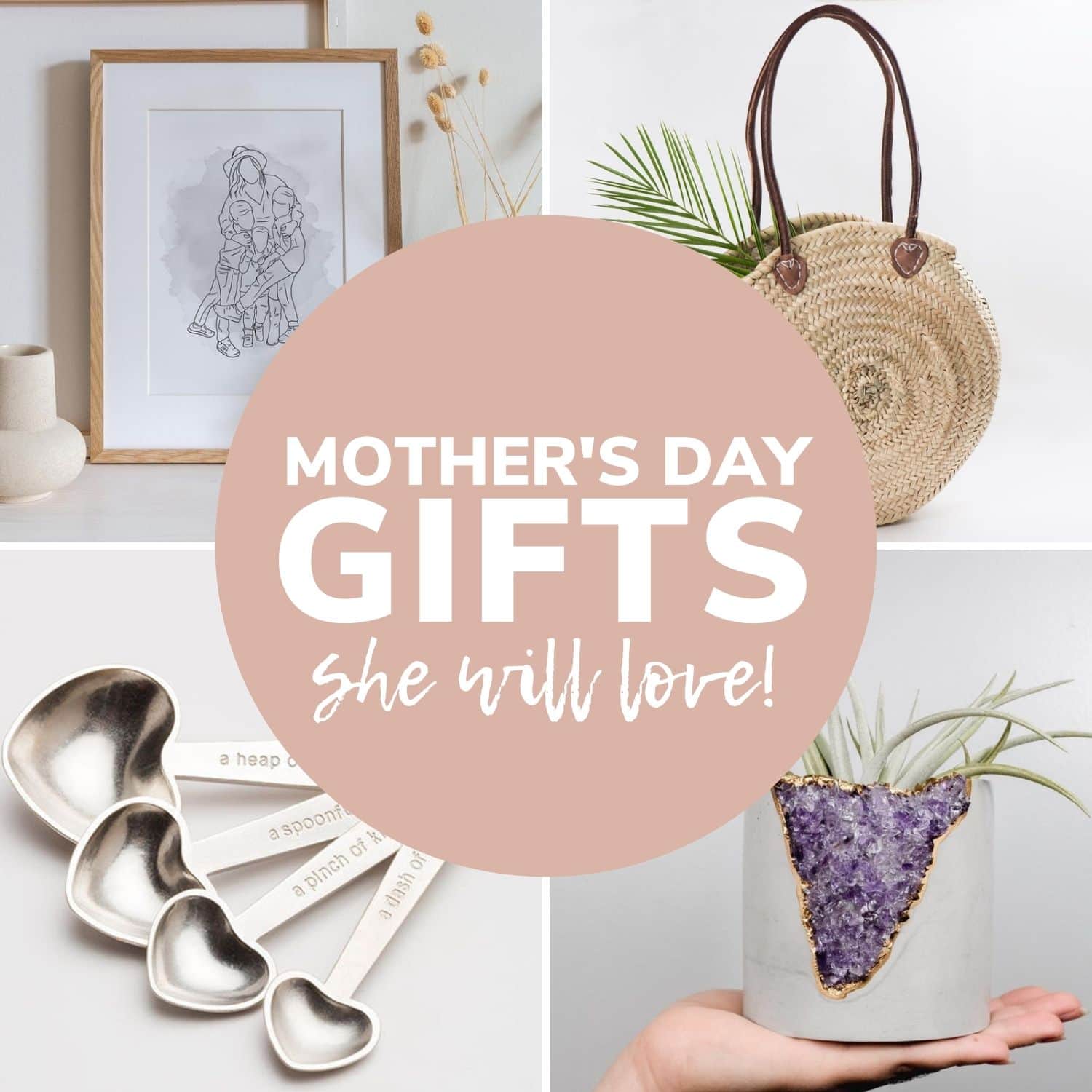 Collage of Mother's Day gift ideas with text overlay "Mother's Day Gifts She Will Love"