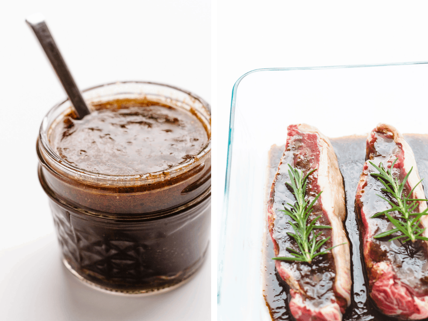 Jar of steak marinade next to a glass dish containing two steaks soaking in marinade with sprigs of rosemary on top.