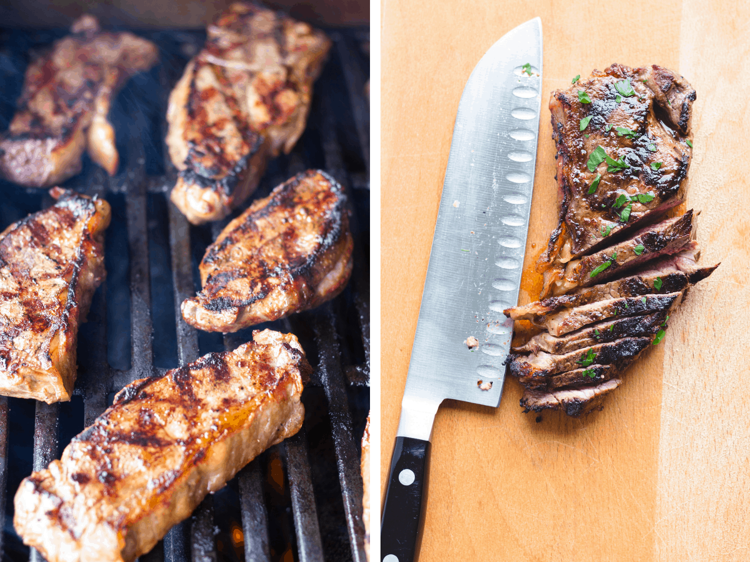 Picture of 5 steaks on the BBQ next to a picture of a half sliced steak on a cutting board with a large knife next to it