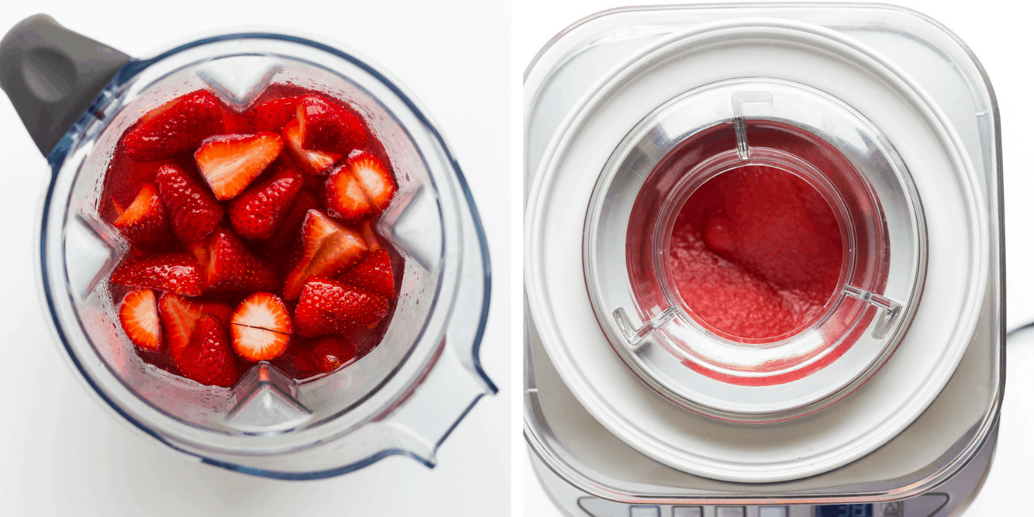 Blender containing strawberry frosé ingredients and ice cream maker churning the strawberry frosé.