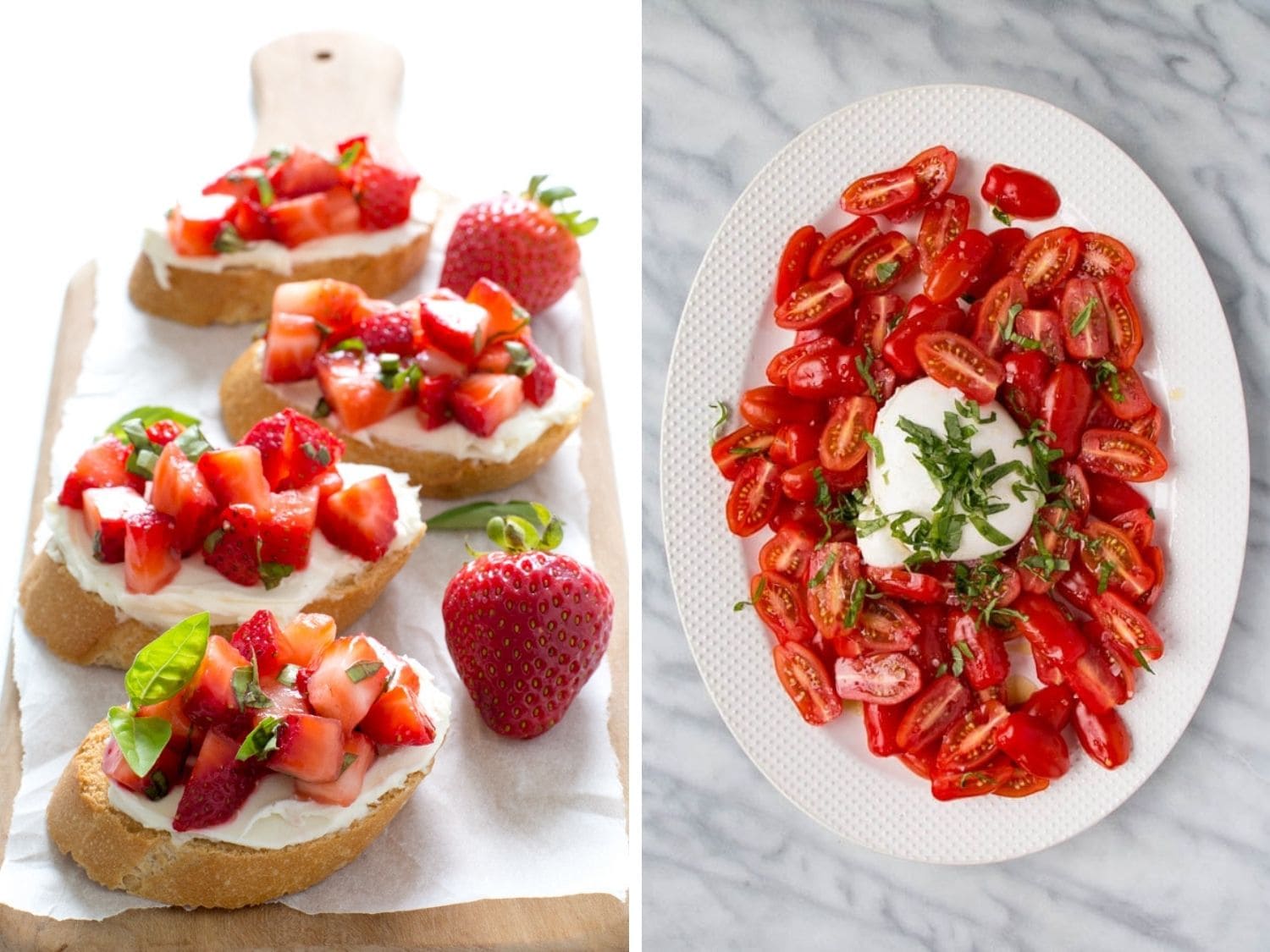 Collage showing strawberry basil bruschetta on a wooden serving board and a white serving dish of tomato salad.