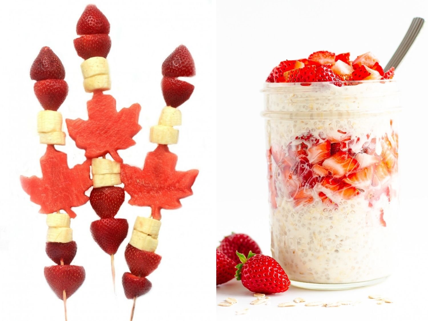 Collage of Canada Day fruit kabobs and a layered jar of strawberry overnight oats.