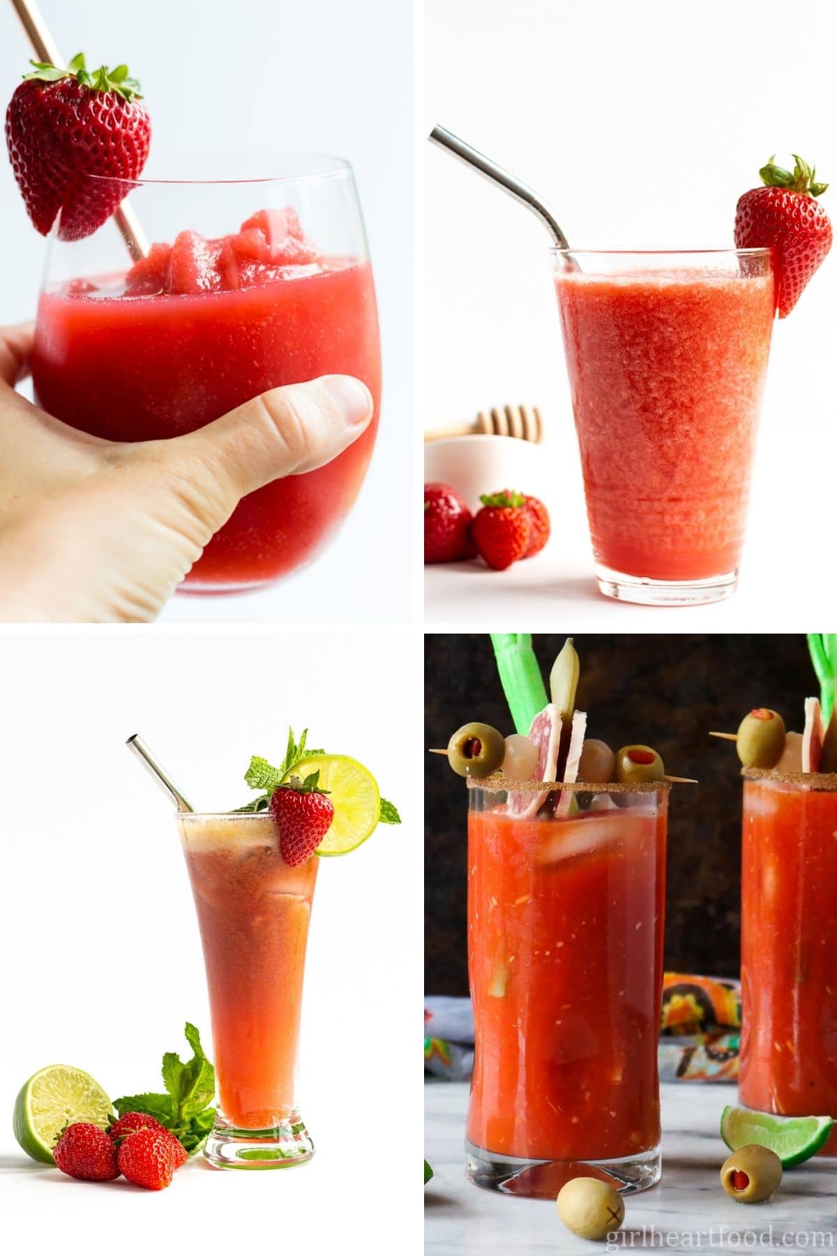 Collage of four drinks, hand holding glass of strawberry frose, glass of strawberry slushie, glass of strawberry mojito mocktail and two glasses of Caesar cocktail.