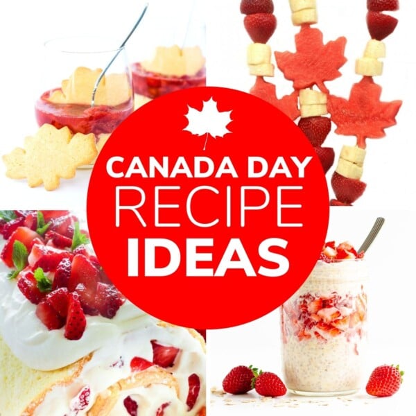 Collage of red and white foods with text overlay "Canada Day Recipe Ideas".