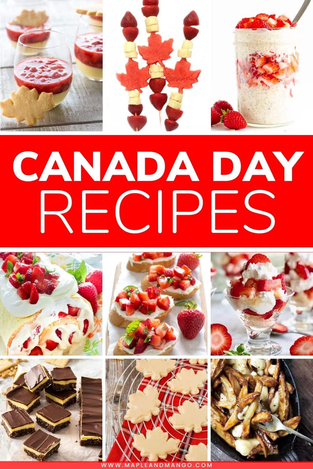 Collage of Canada Day food ideas with text overlay "Canada Day Recipes".