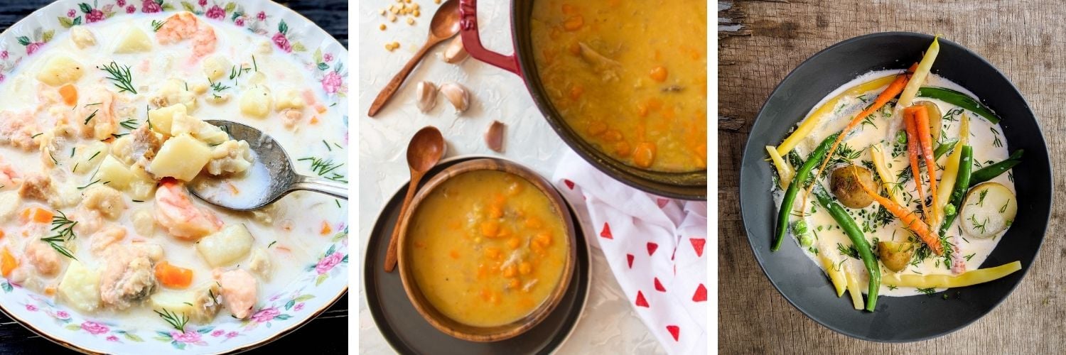 Collage showing three different traditional Canadian soups.