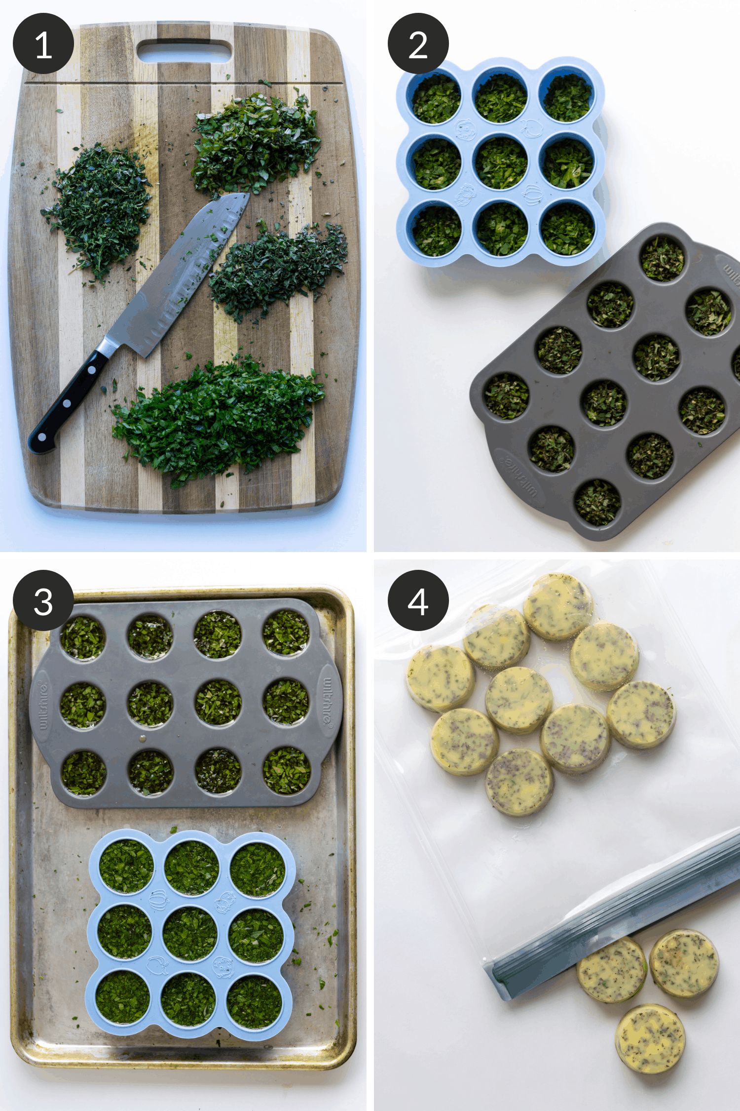 Process collage for preserving fresh herbs by freezing in olive oil or broth.