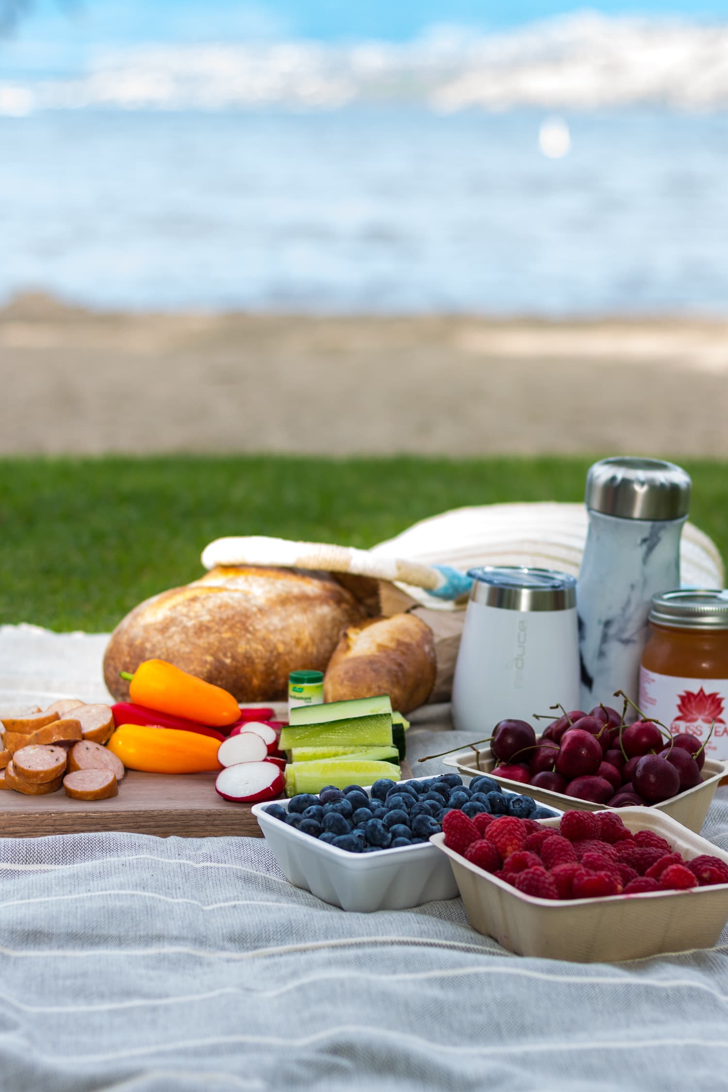 Picnic set up on a blanket with beach in the background