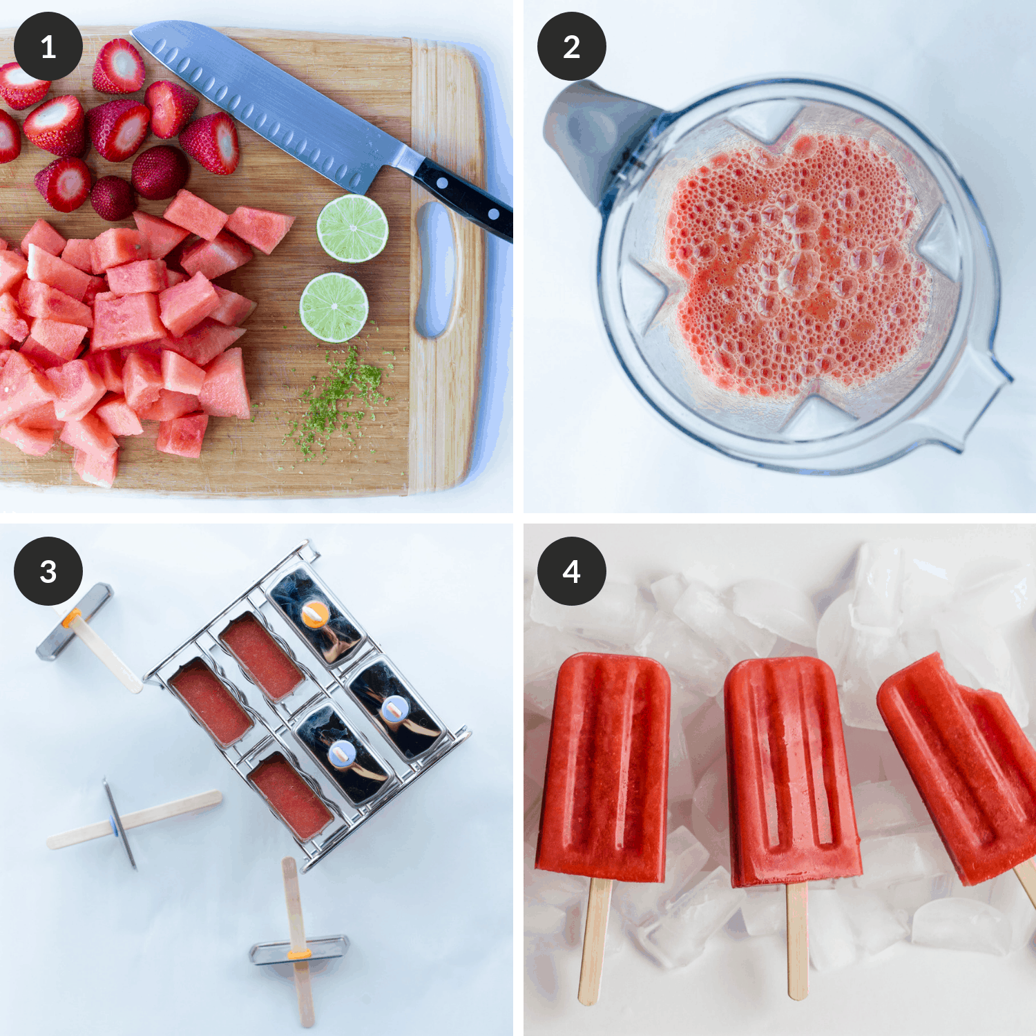 Process collage on how to make watermelon strawberry popsicles