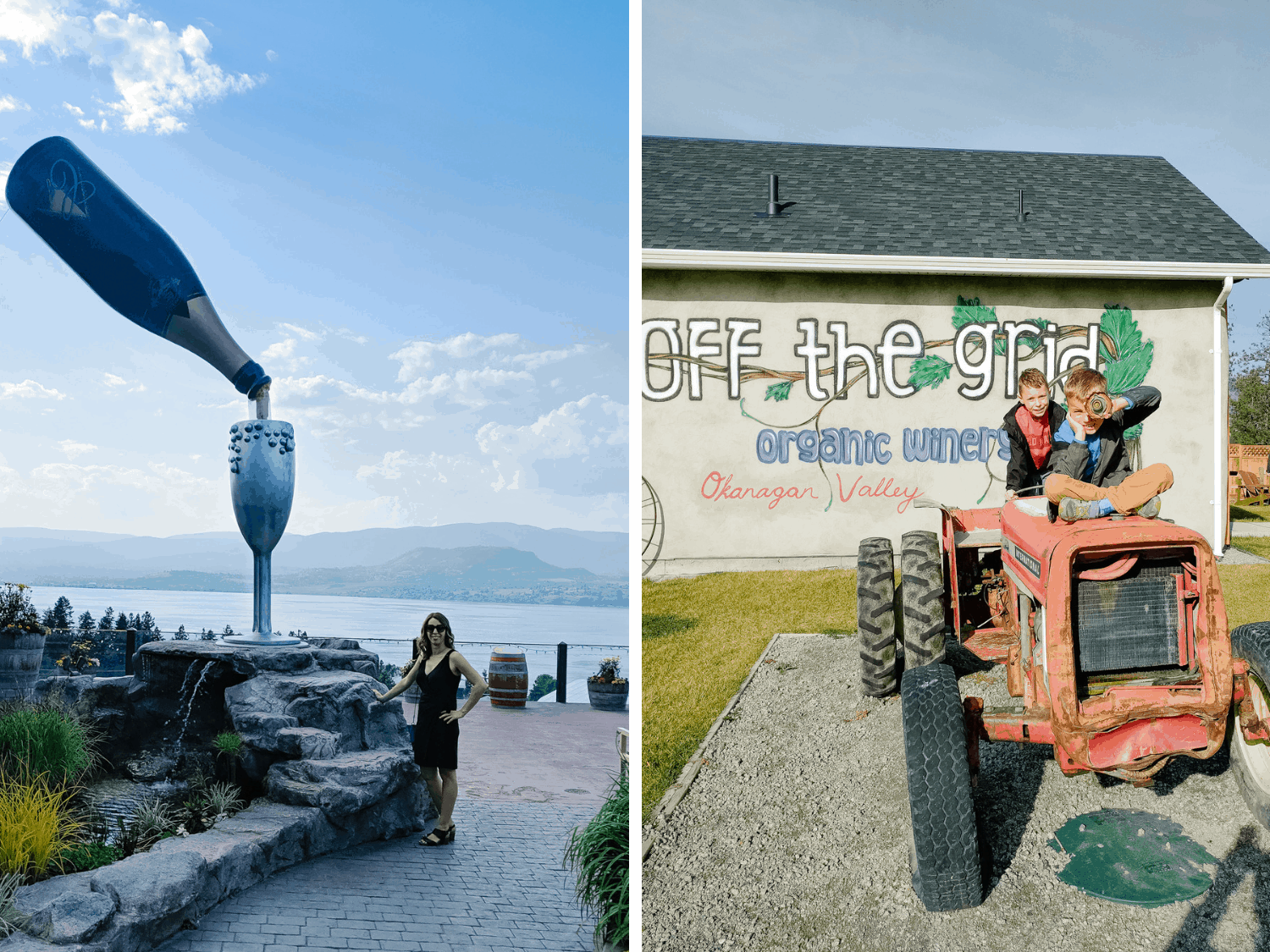 Collage of 2 photos: summerhill pyramid winery and off the grid winery.