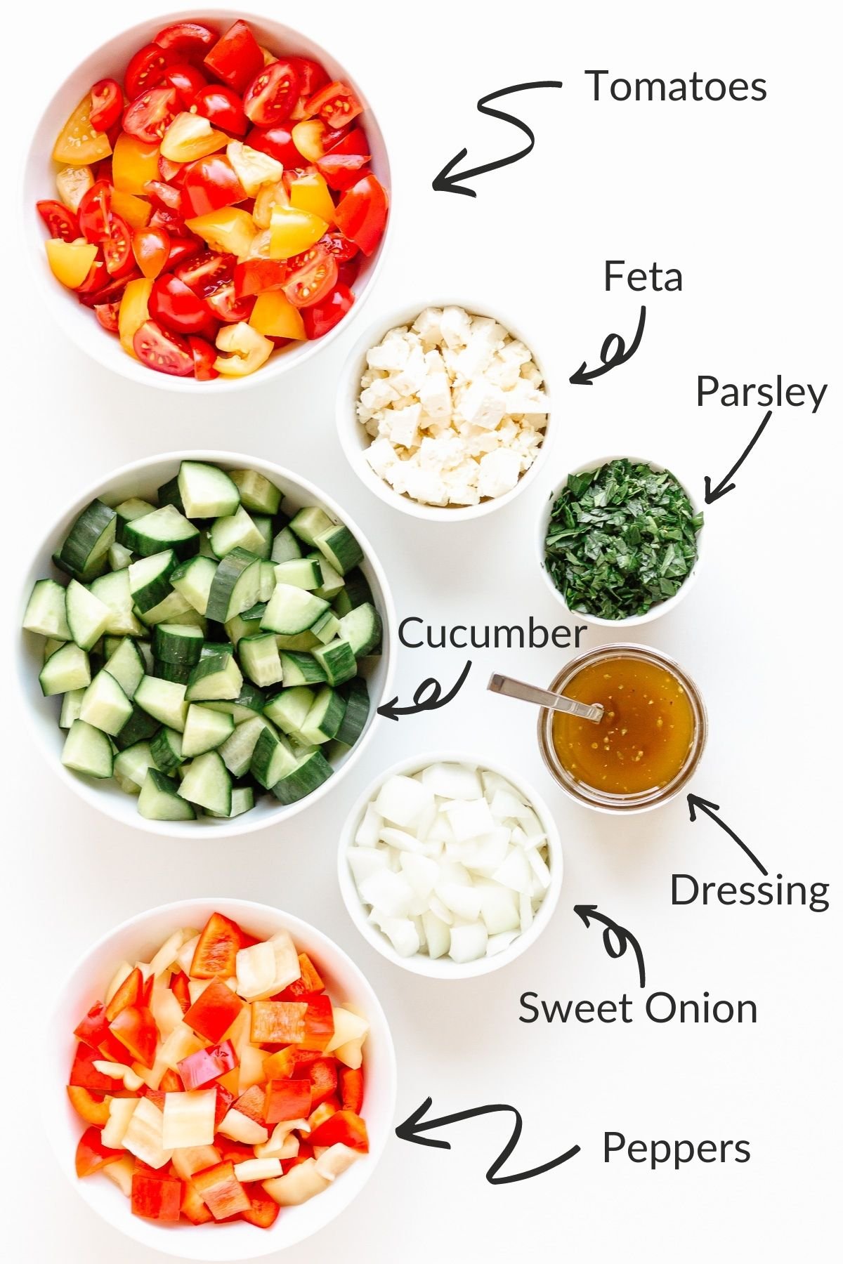 Labelled photo of ingredients needed to make a summer chopped veggie salad.