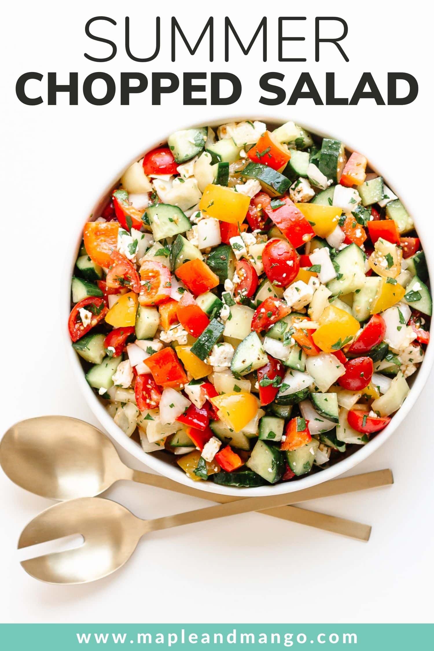 Bowl of chopped salad with gold salad servers and text overlay "Summer Chopped Salad".