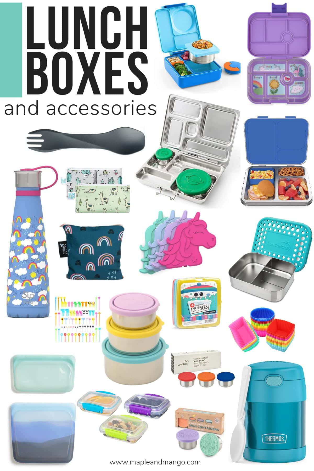 Photo collage graphic of lunch boxes and accessories for kids.