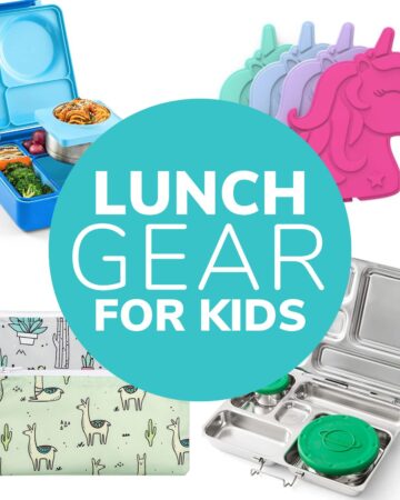 Photo collage of lunch boxes and accessories for kids with text overlay "Lunch Gear For Kids".