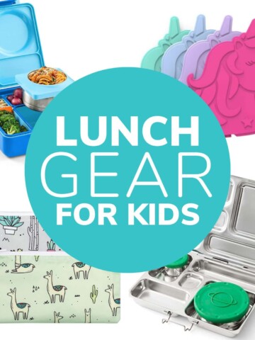 Photo collage of lunch boxes and accessories for kids with text overlay "Lunch Gear For Kids".