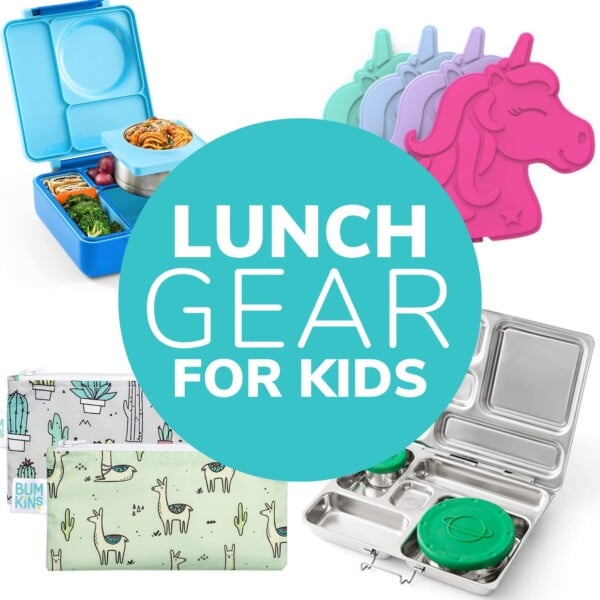 Photo collage of lunch boxes and accessories for kids with text overlay "Lunch Gear For Kids".