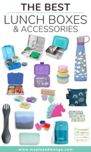 Collage graphic of the best lunch boxes and accessories for kids.
