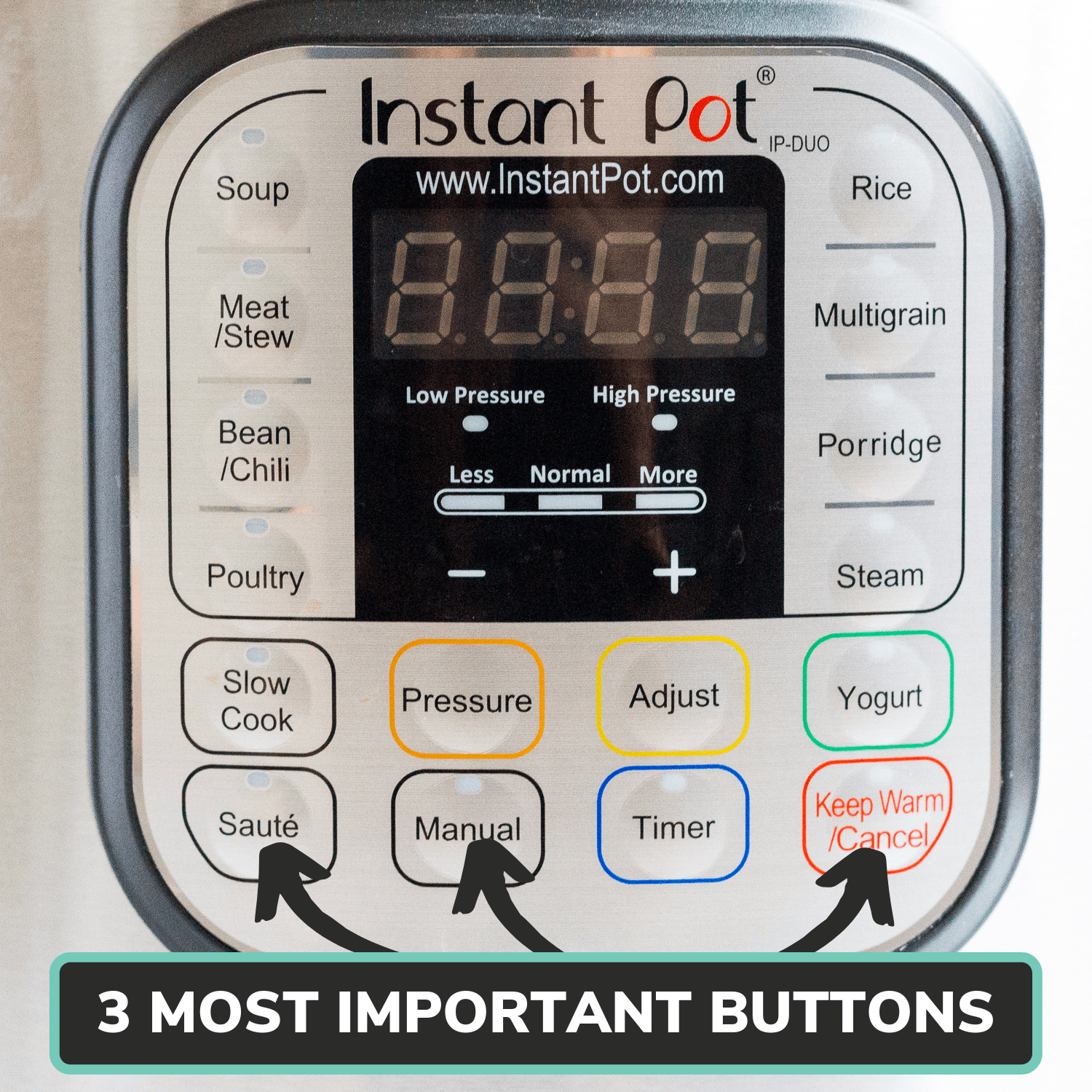 Instant Pot control panel with arrows showing the 3 most important buttons