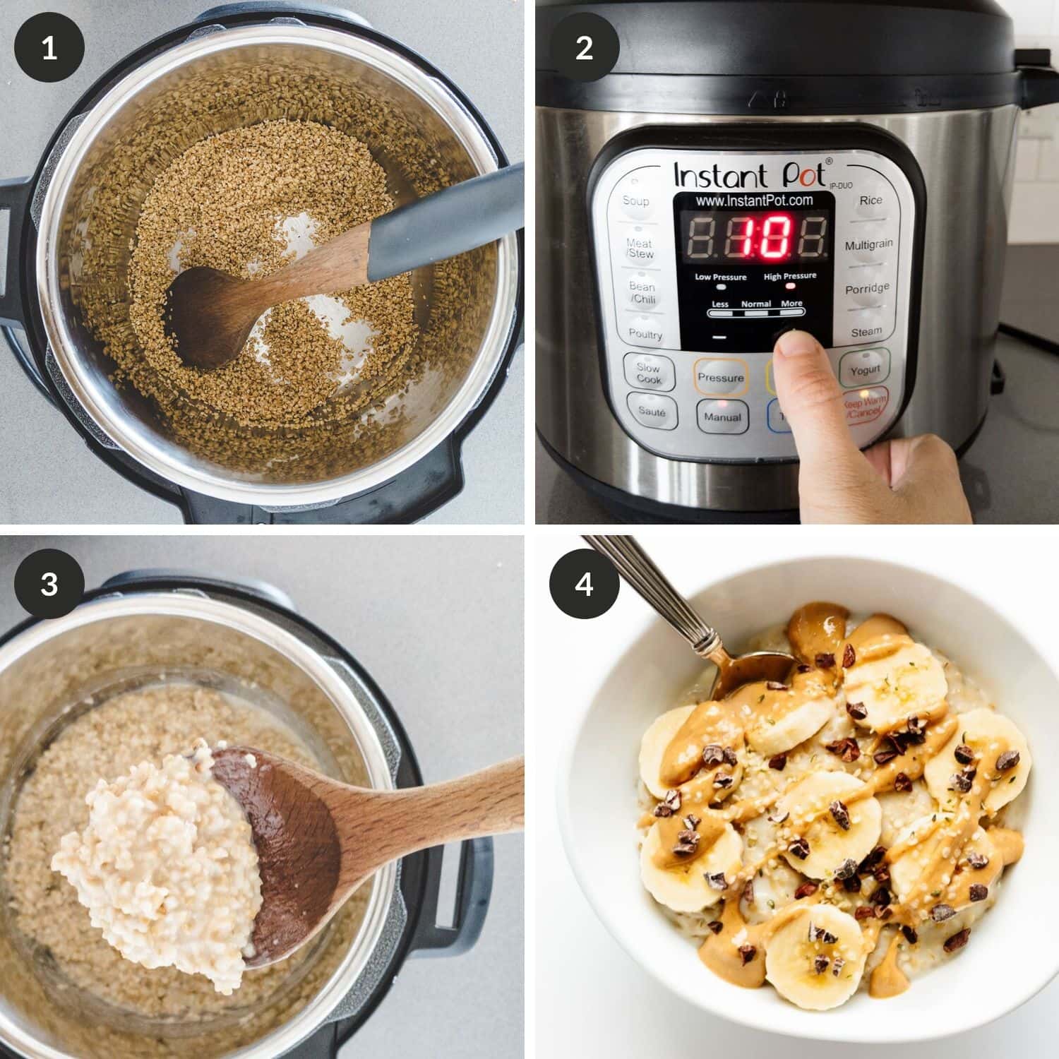 Step by step photo collage showing how to cook steel cut oats in the Instant Pot.