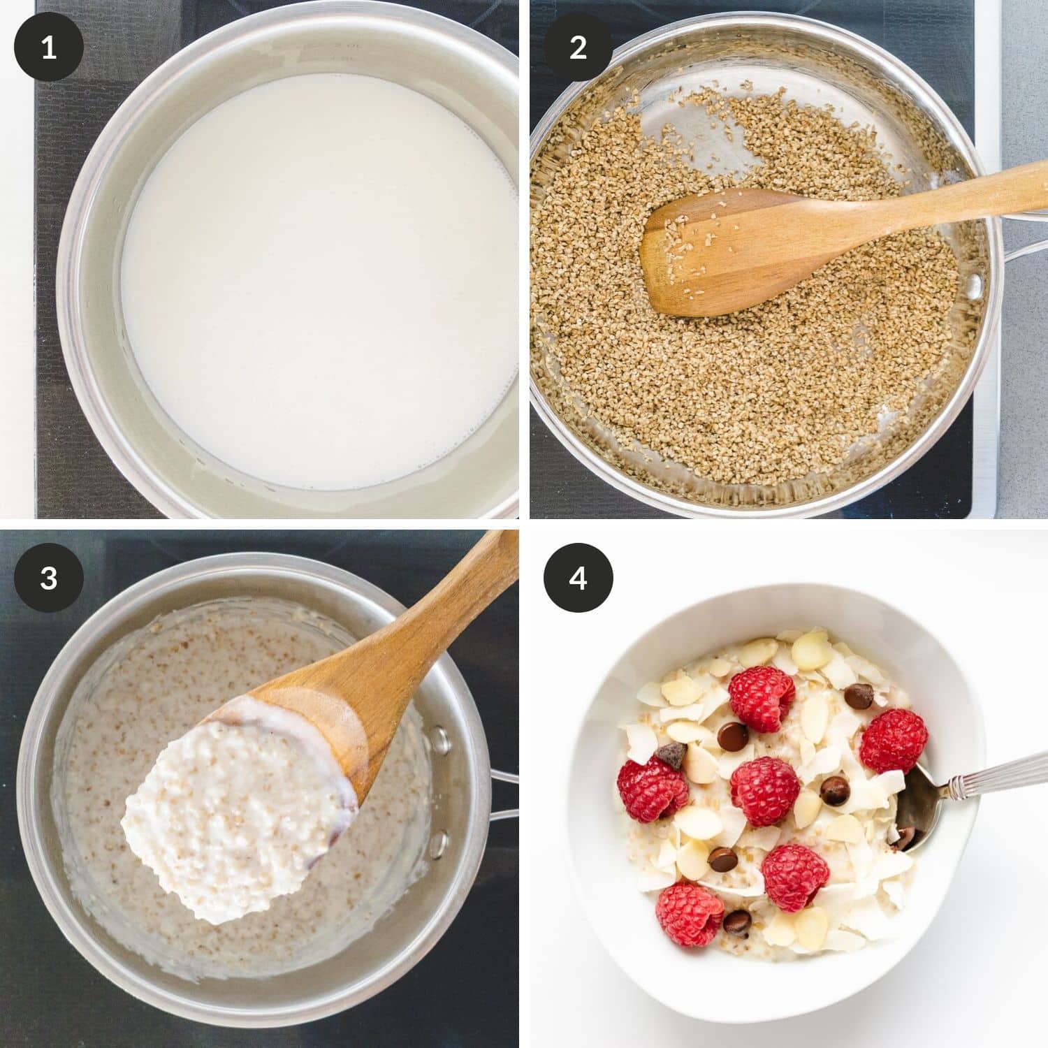 Step by step photo collage showing how to cook steel cut oats using the stovetop method.