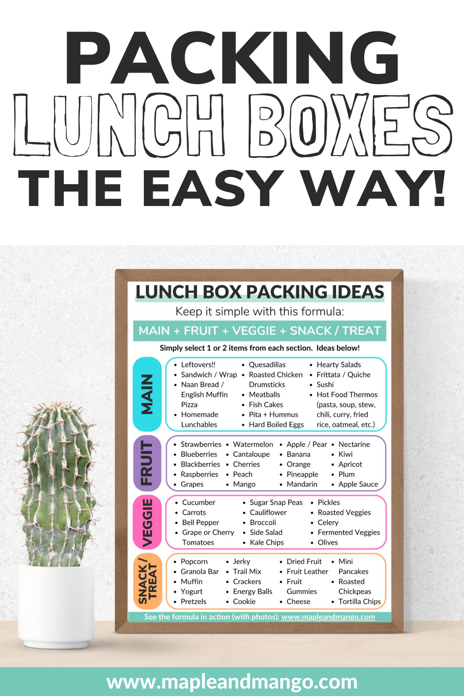 Lunch box packing ideas printable that is framed next to a cactus.
