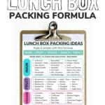 Pinterest graphic showing lunch box ideas printable on a clip board with text overlay "Simple Lunch Box Packing Formula".