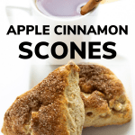 Two apple cinnamon scones sitting in front of a glass of apple cider with text overlay that reads "Apple Cinnamon Scones".