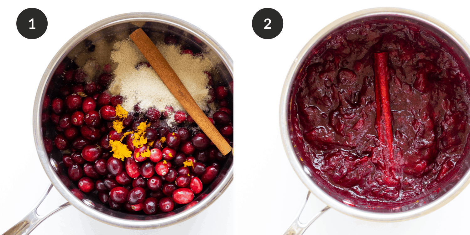 Photo collage of how to make cranberry orange sauce showing uncooked ingredients in a pot and finished cooked sauce.
