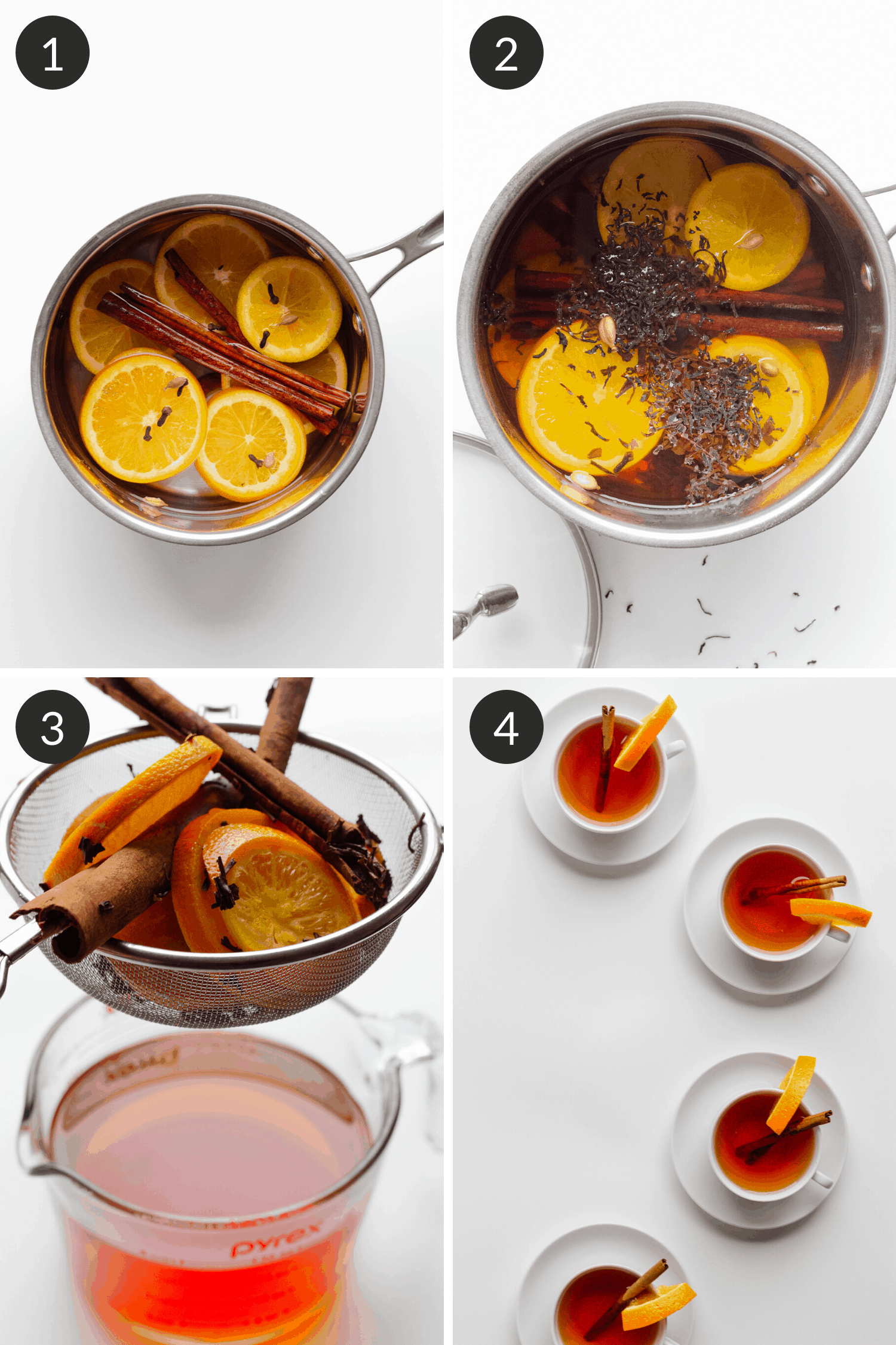 Collage showing step by step process of how to make the orange spice mulled tea recipe